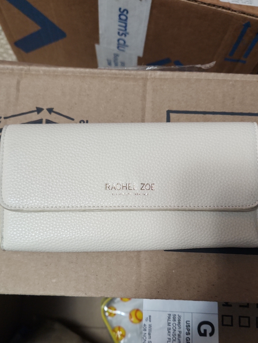Rachel Zoe Cream Pebbled Leather Fold-Over Wallet with Gold Logo